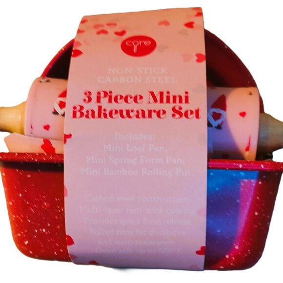 3 Piece Mini Bakeware Set Valentine Gnome Loaf Pan, Spring Form Pan, Rolling Pin - Picture 1 of 3